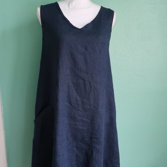 Flax Dark Blue V Neck Lightweight Linen Tank Dress with Pocket - Picture 6 of 14